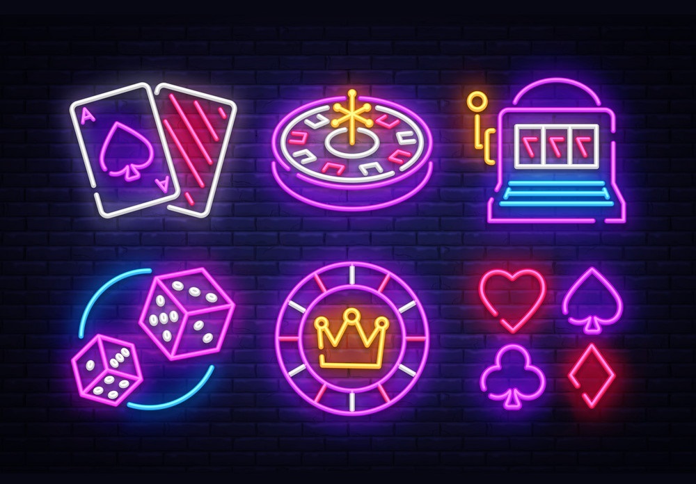 Casino neon collection vector icons. Casino Emblems and Labels, Bright Neon Sign, Slot Machine, Roulette, Poker, Dice Game. Vector illustration